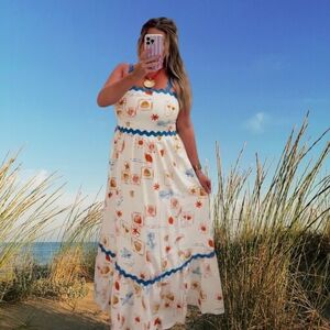 CeCe White Maxi Sleeveless Square Neck Dress Blue Trim Resortwear Vacation Beach